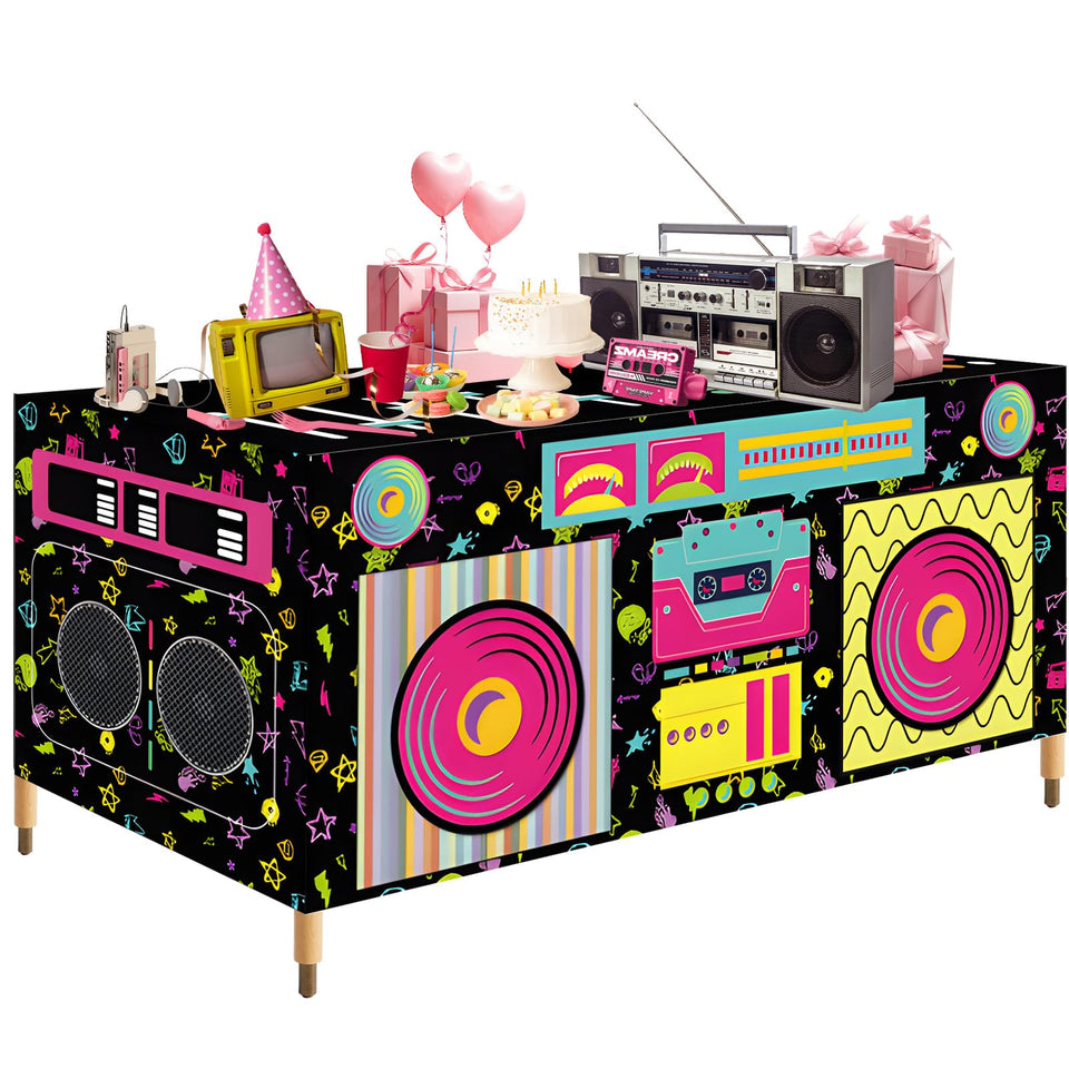 Jremreo 6ft boom box tablecloth adds retro flair for music-themed parties and photo setups