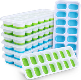Jrisbo silicone ice tray blue-green lids stacked neatly in freezer, ideal for organization.