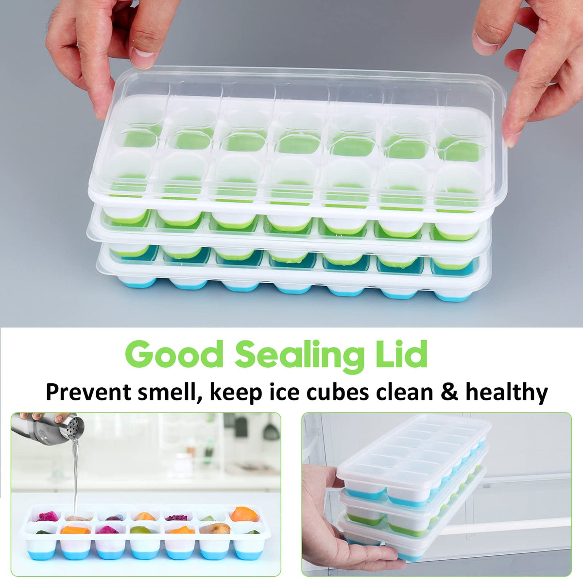 Jrisbo silicone ice tray with green lid, easy release for quick cubes.