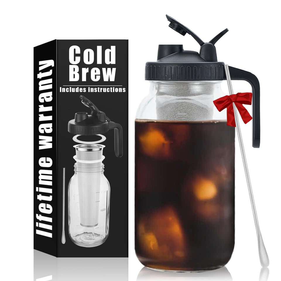 Jrssae Cold Brew Mason Jar 64oz shows easy, drip-free pouring for iced coffee lovers.