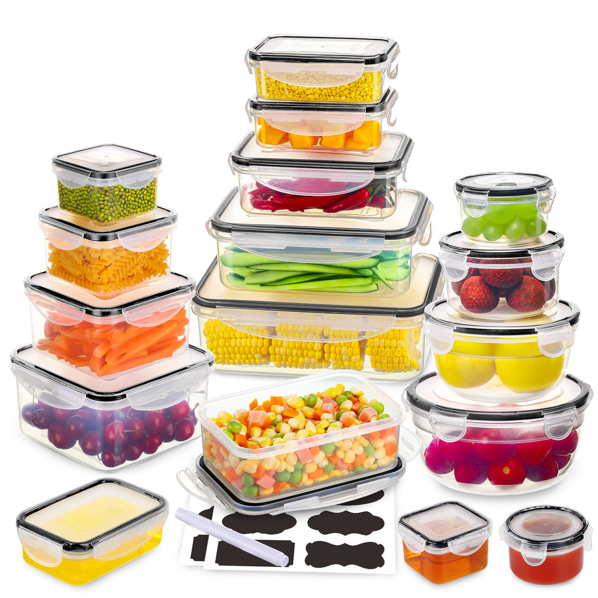JSCARES 34-piece set with airtight lids sealing freshness and keeping leftovers organized.
