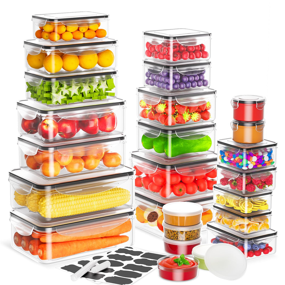 JSCARES 50-piece set of clear containers for organized meal prep and leftovers.