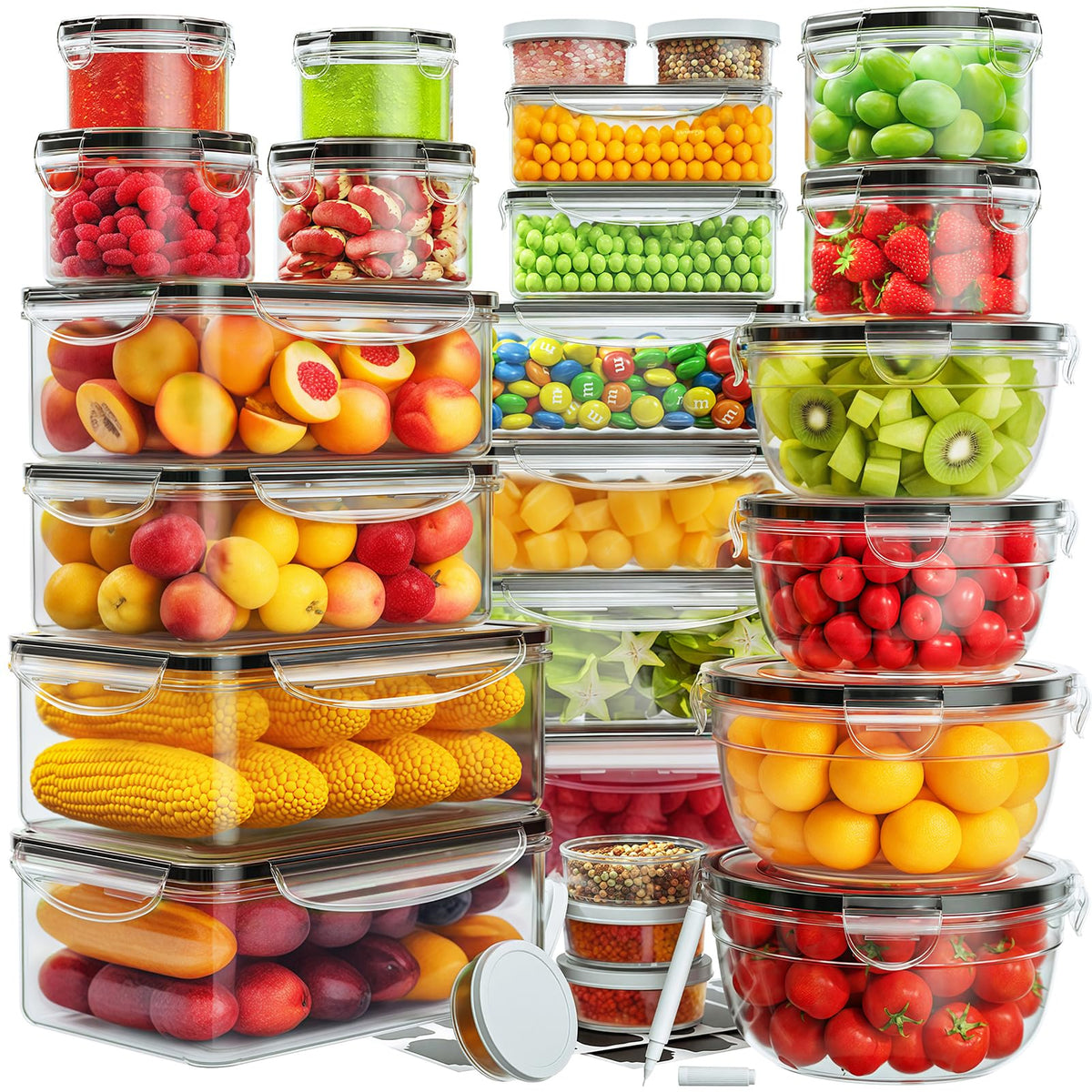JSCARES 52-piece airtight container set on counter for organized meal prep