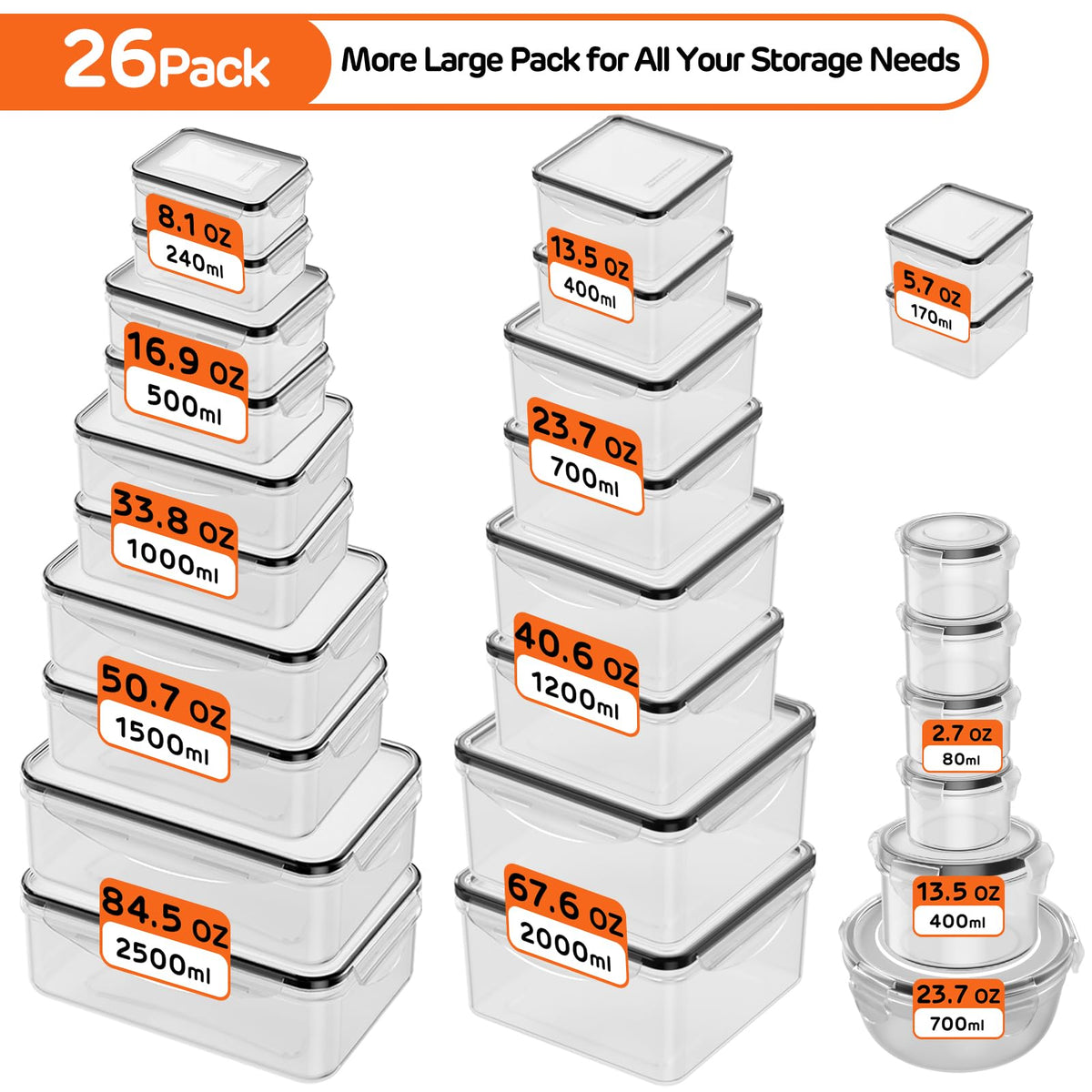 JSCARES rectangular containers variety suitable for bulk storage and portion control.