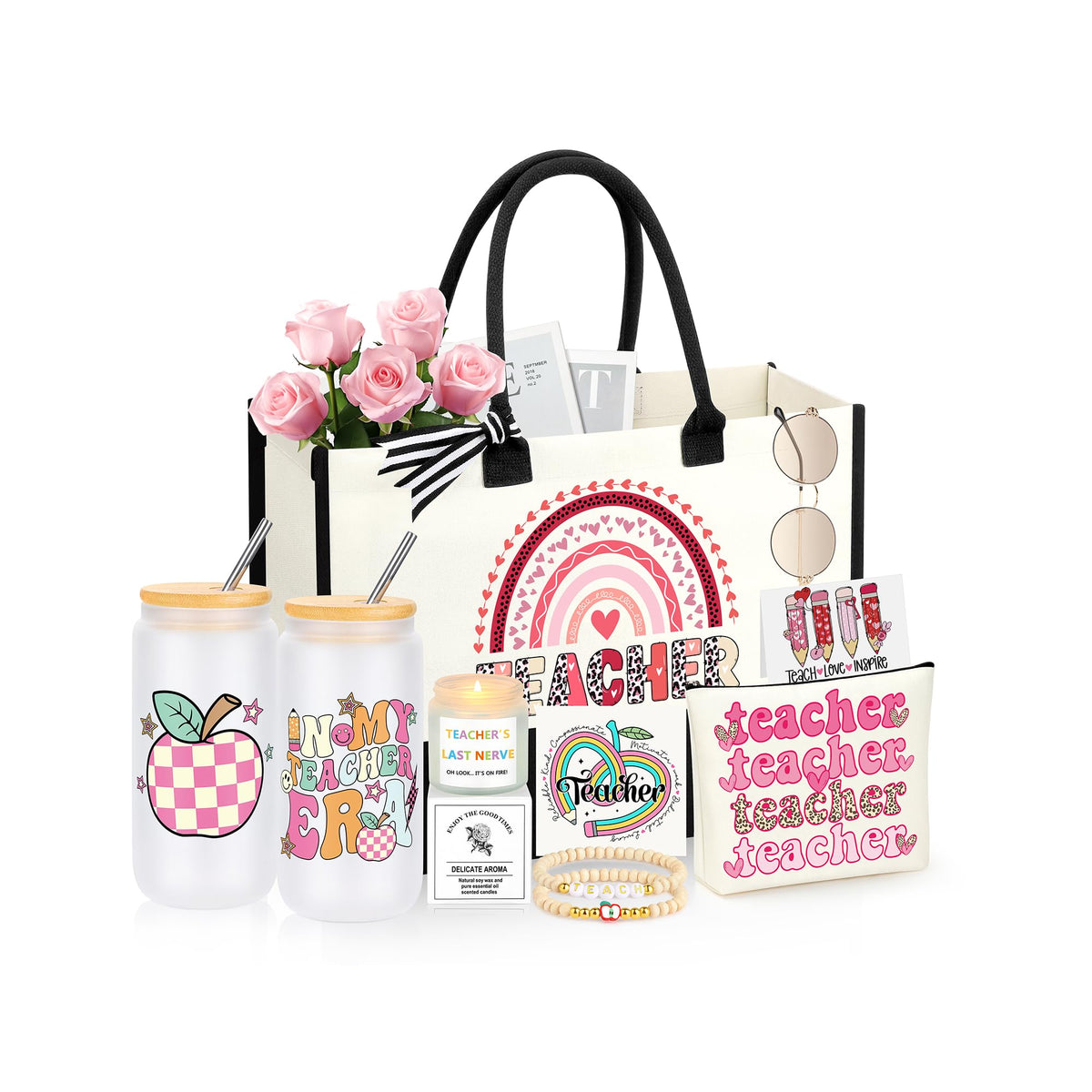 JSENGIFT teacher tote bag, durable cotton canvas for daily organization and travel