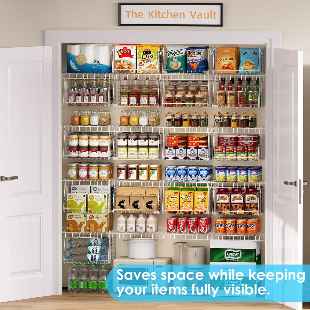Jsskeeim pantry organizer saves vertical space on wire shelves.
