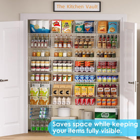 Jsskeeim pantry organizer saves vertical space on wire shelves.