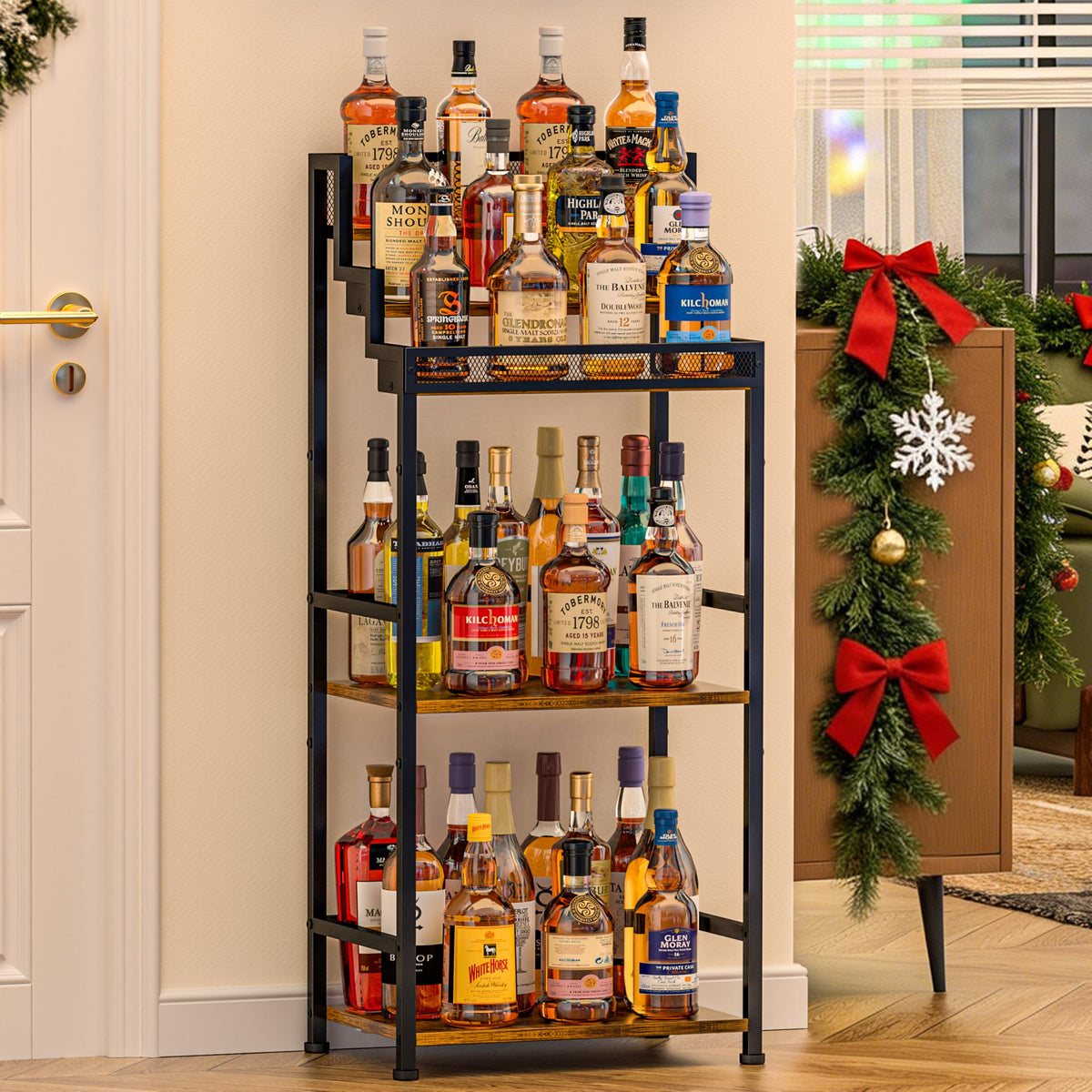 Jsskeeim trapezoidal liquor cabinet front view showing stepped wine rack for easy bottle display.