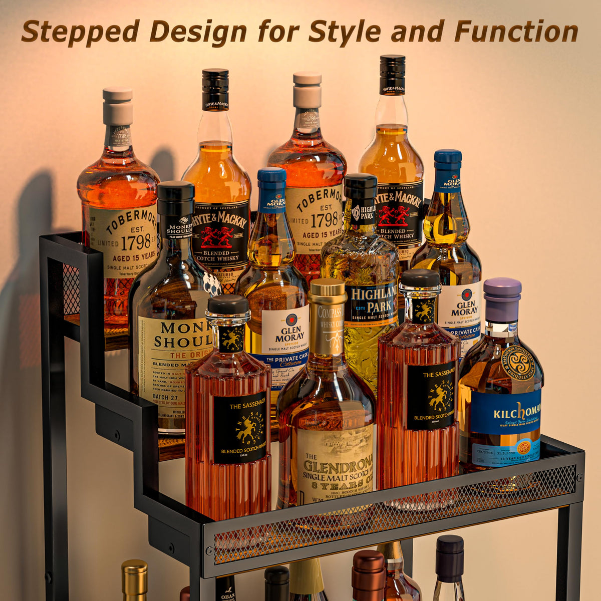 Jsskeeim trapezoidal liquor cabinet side view highlights sturdy iron and wood construction.