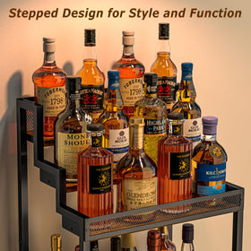 Jsskeeim trapezoidal liquor cabinet side view highlights sturdy iron and wood construction.