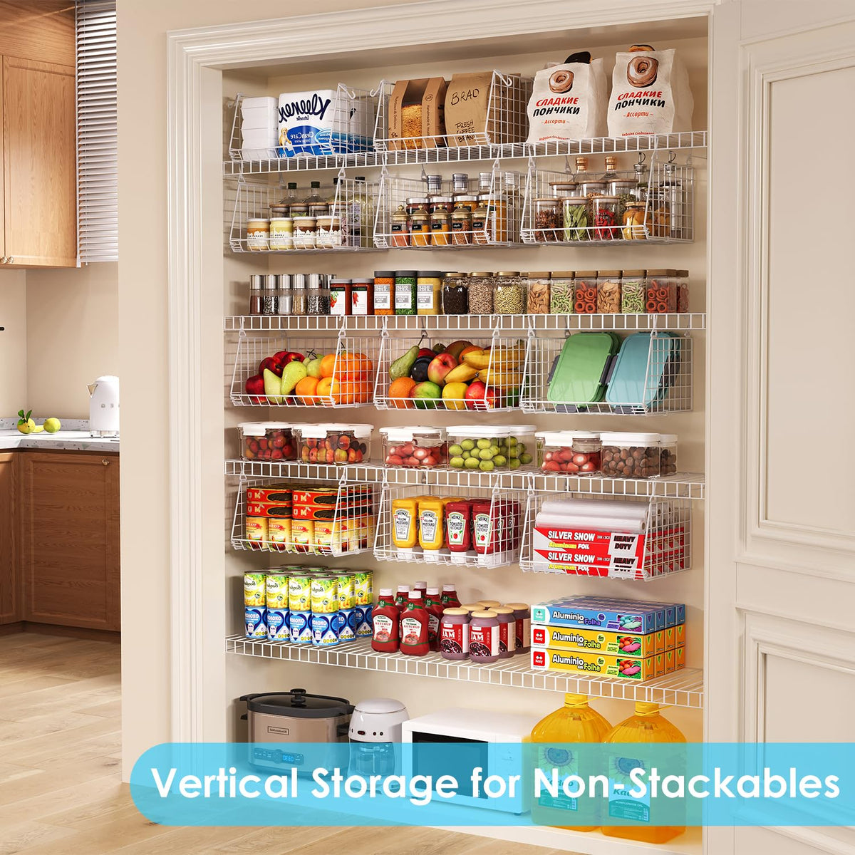 Jsskeeim white color baskets ready-to-use for pantry organization.