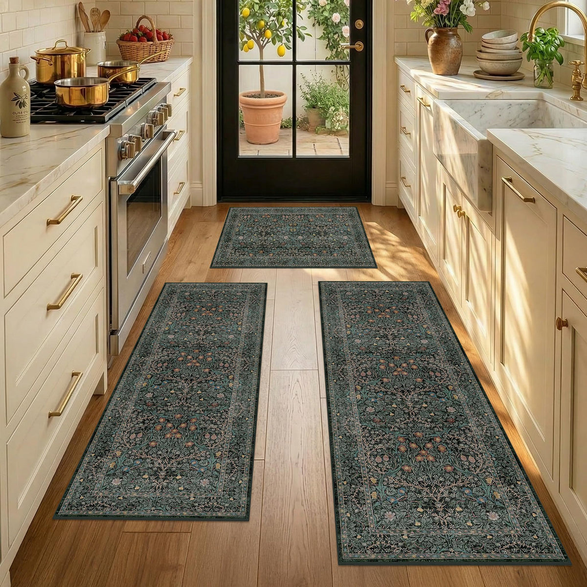 Three-piece JTJ rug set laid out in kitchen for flexible layout options.
