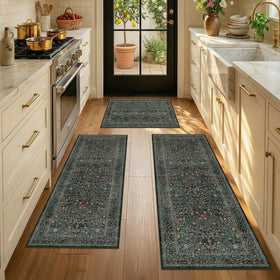 Three-piece JTJ rug set laid out in kitchen for flexible layout options.