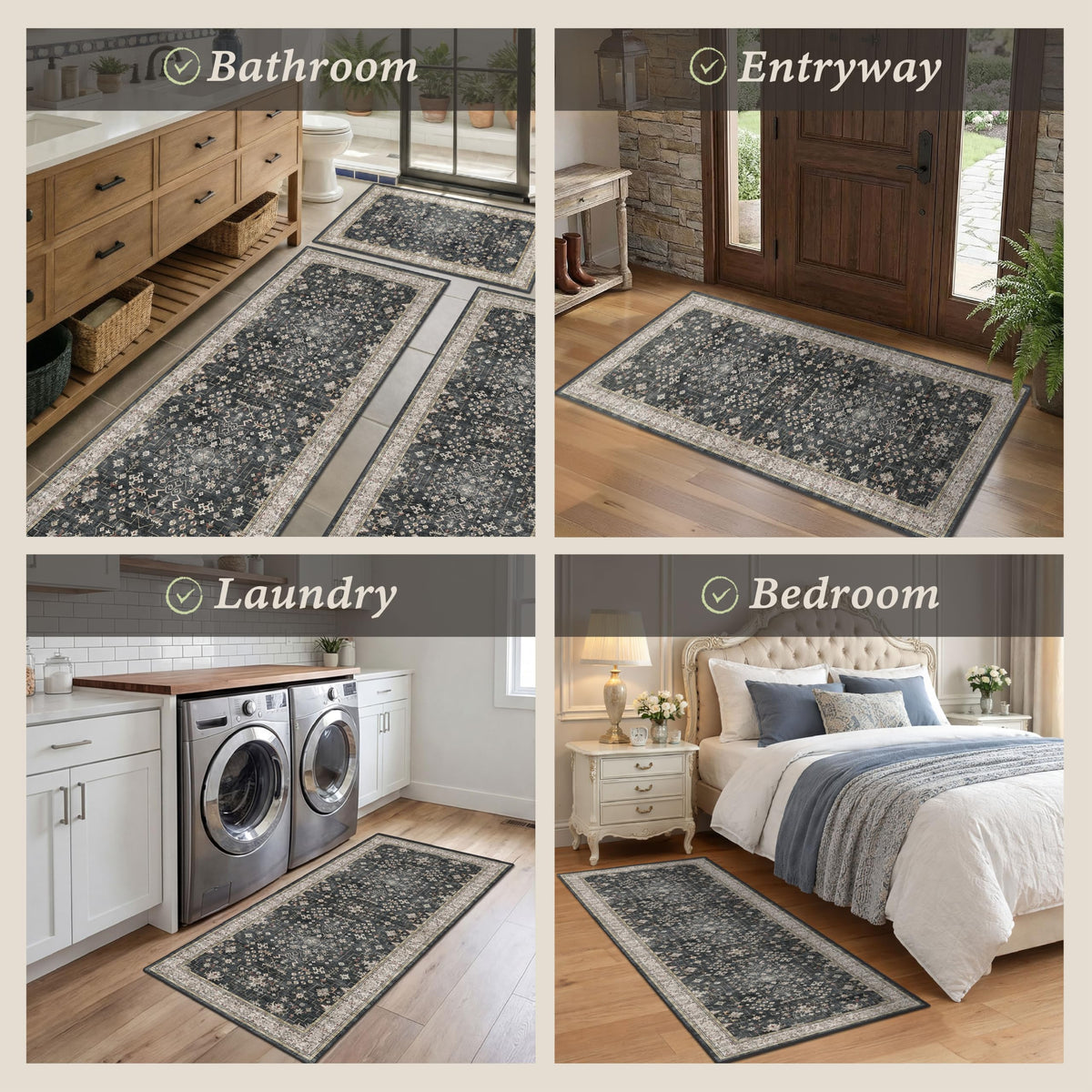 JTJ Black Boho kitchen rugs set 3 in entryway, prevents slips while carrying groceries