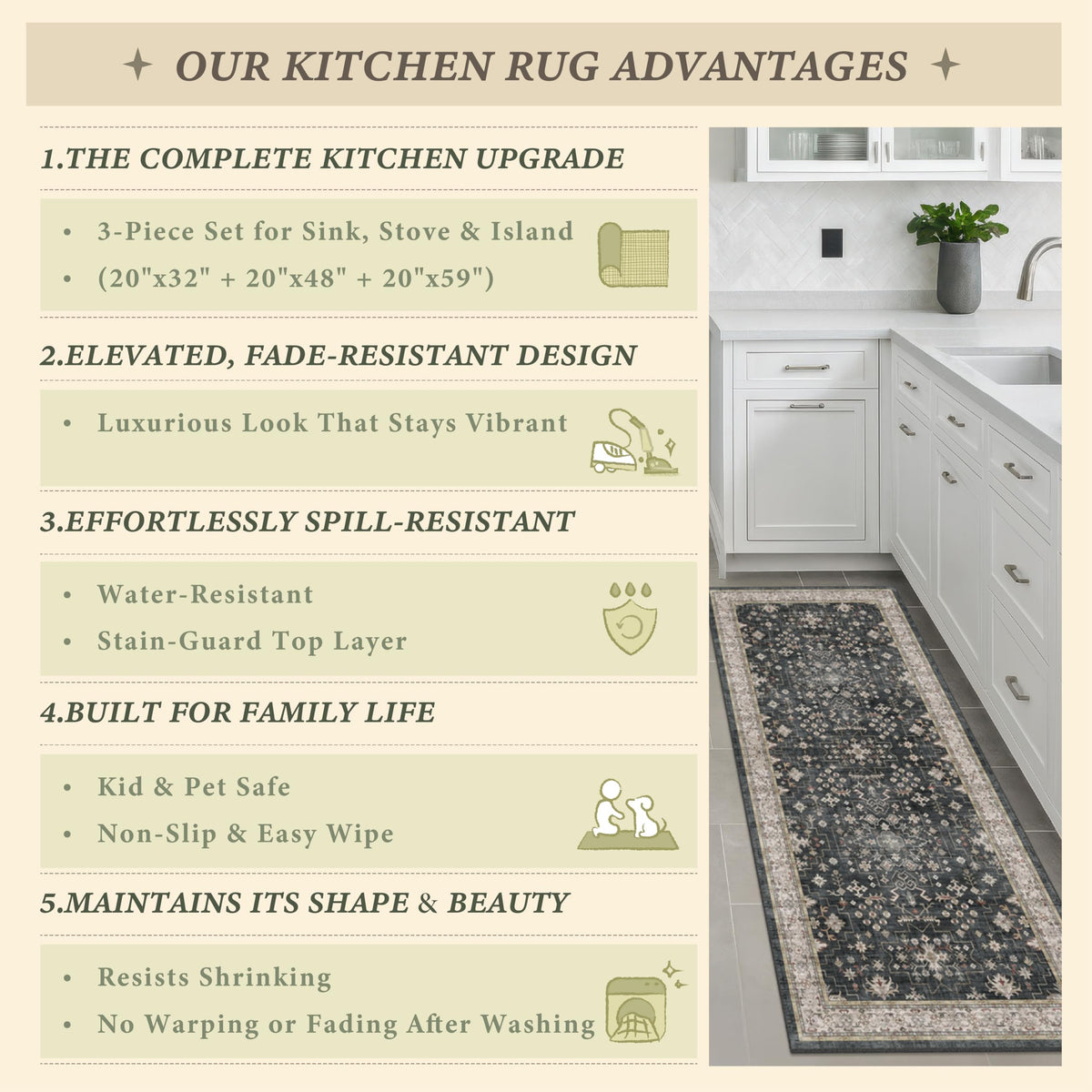 JTJ Black Boho kitchen rugs set 3 floor layout, coordinated with vintage farmhouse decor