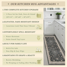 JTJ Black Boho kitchen rugs set 3 floor layout, coordinated with vintage farmhouse decor
