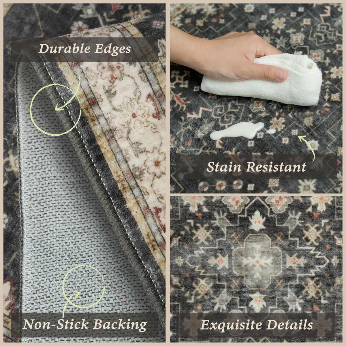 JTJ Black Boho kitchen rugs set 3 long runner, easy to clean and refresh