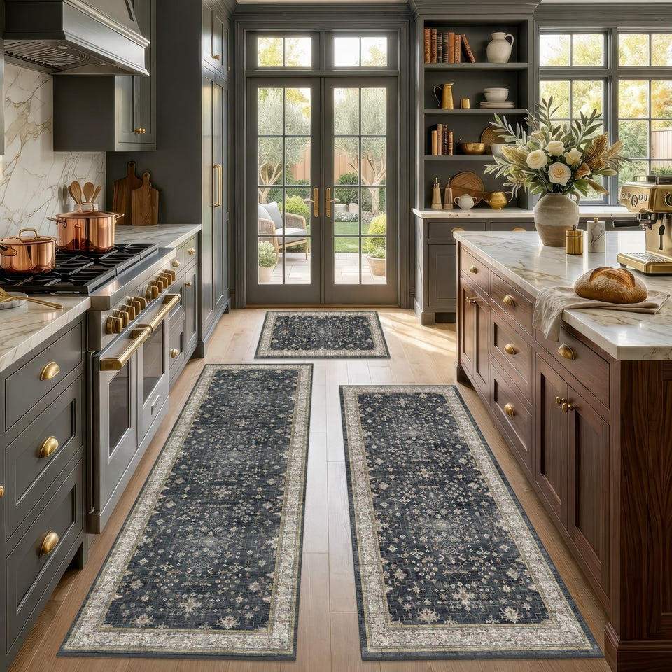 JTJ Black Boho kitchen rugs set 3 main view, soft pile for comfortable standing