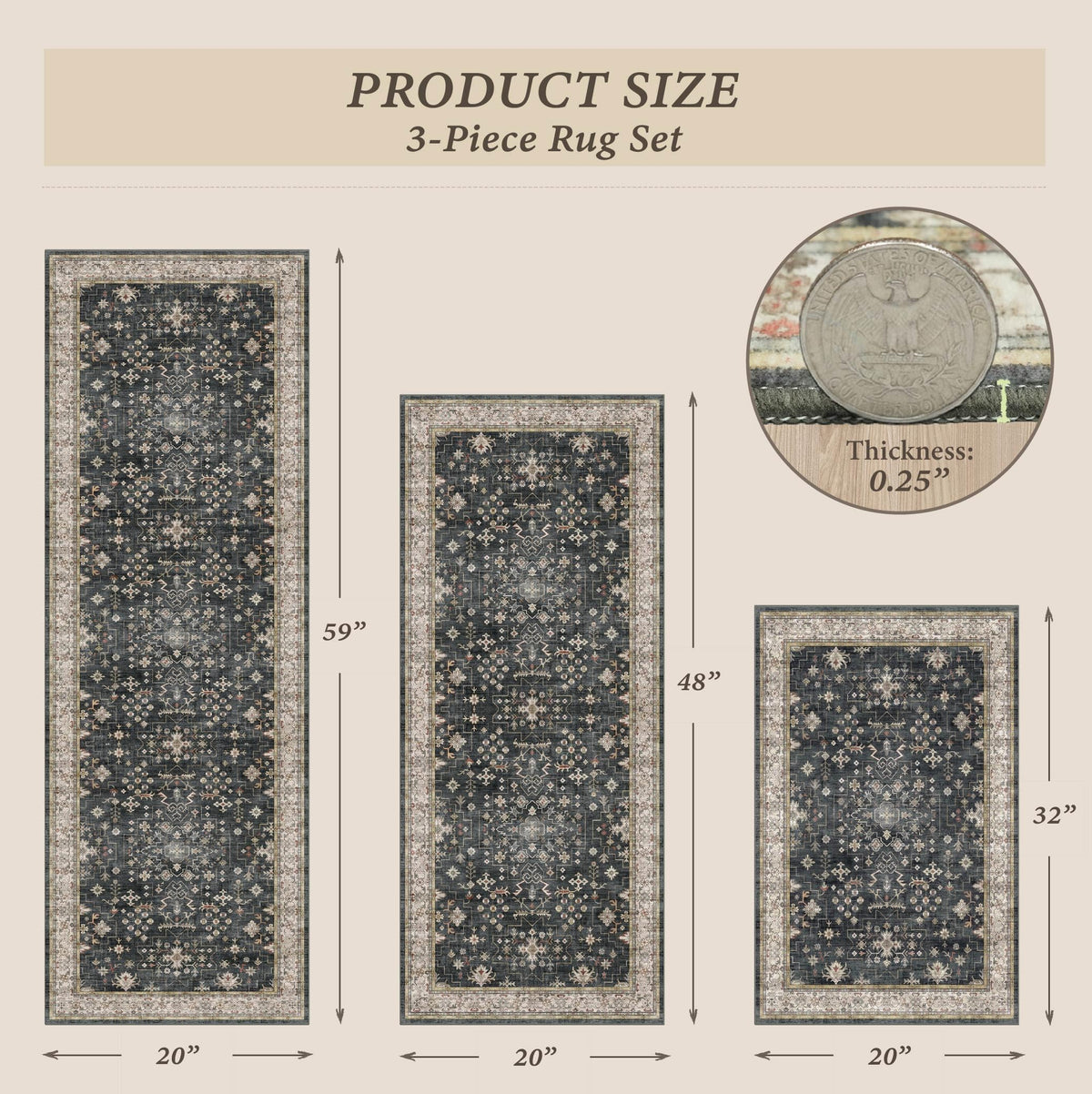 JTJ Black Boho kitchen rugs set 3 by the sink area, prevents slipping on tile