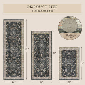 JTJ Black Boho kitchen rugs set 3 by the sink area, prevents slipping on tile