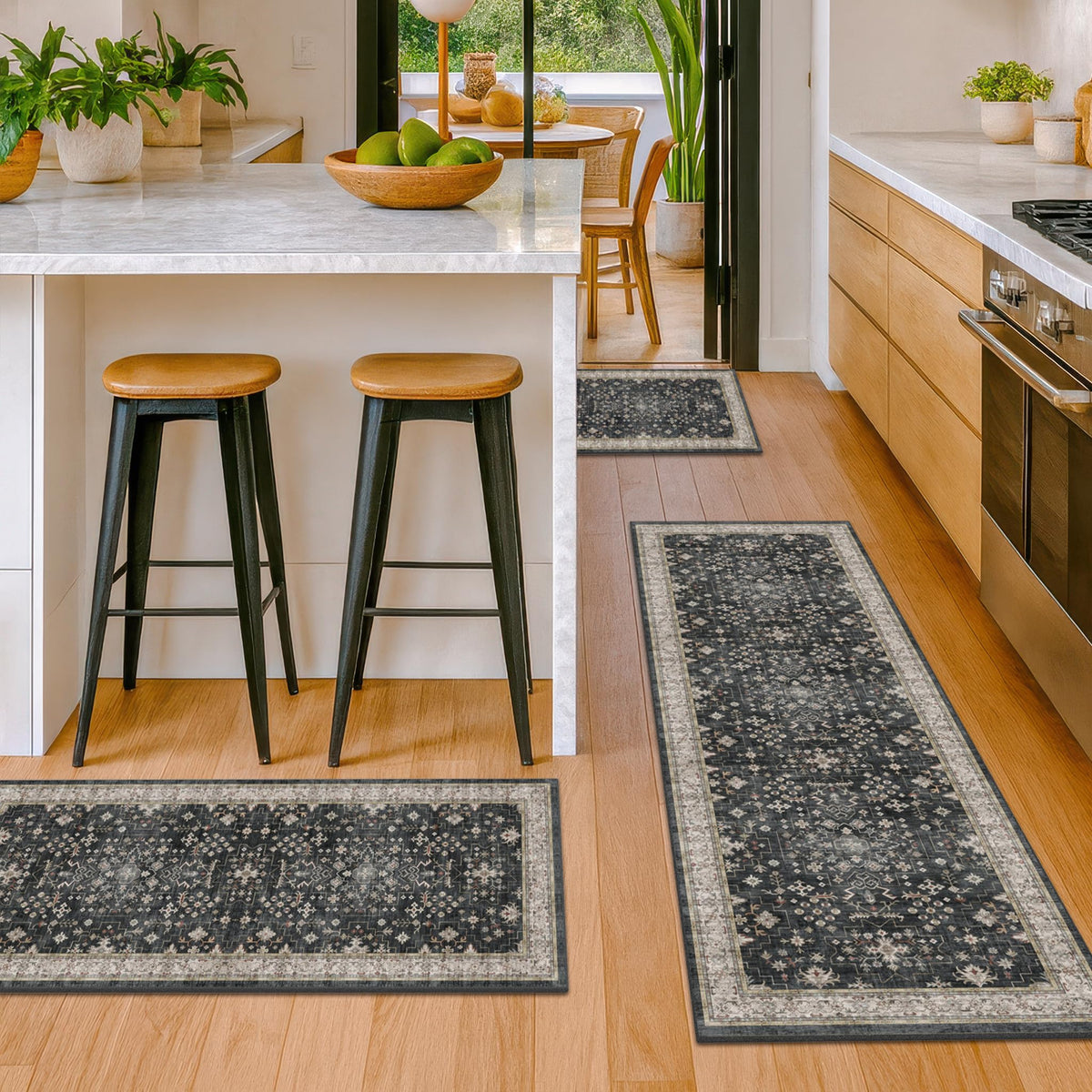 JTJ Black Boho kitchen rugs set 3 near stove, durable protection against spills