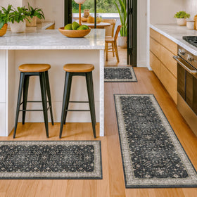 JTJ Black Boho kitchen rugs set 3 near stove, durable protection against spills