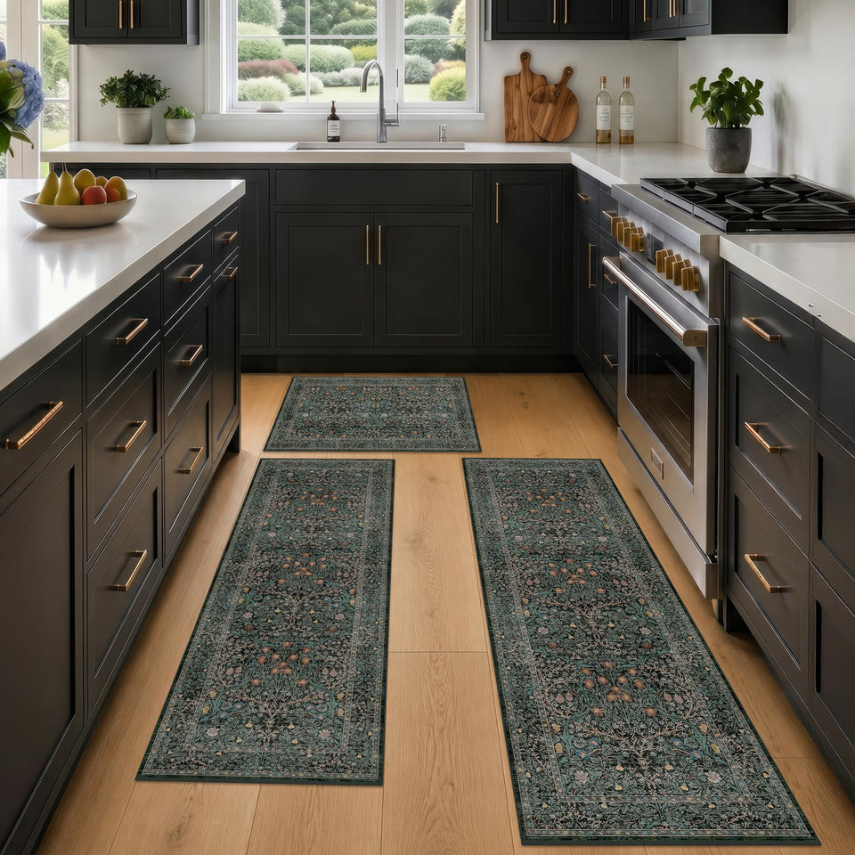 JTJ Black Green Kitchen Rug Set overview with durable non-slip backing for busy spaces.