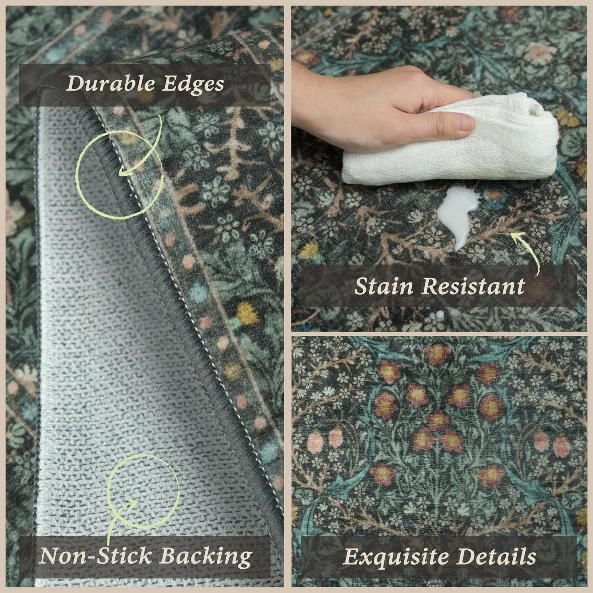 Detail of JTJ non-slip backing on a hard floor showing secure grip.