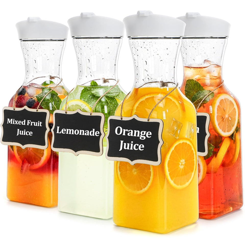 Jucoan 4-pack 1L carafes with lids for organized, spill-free service.