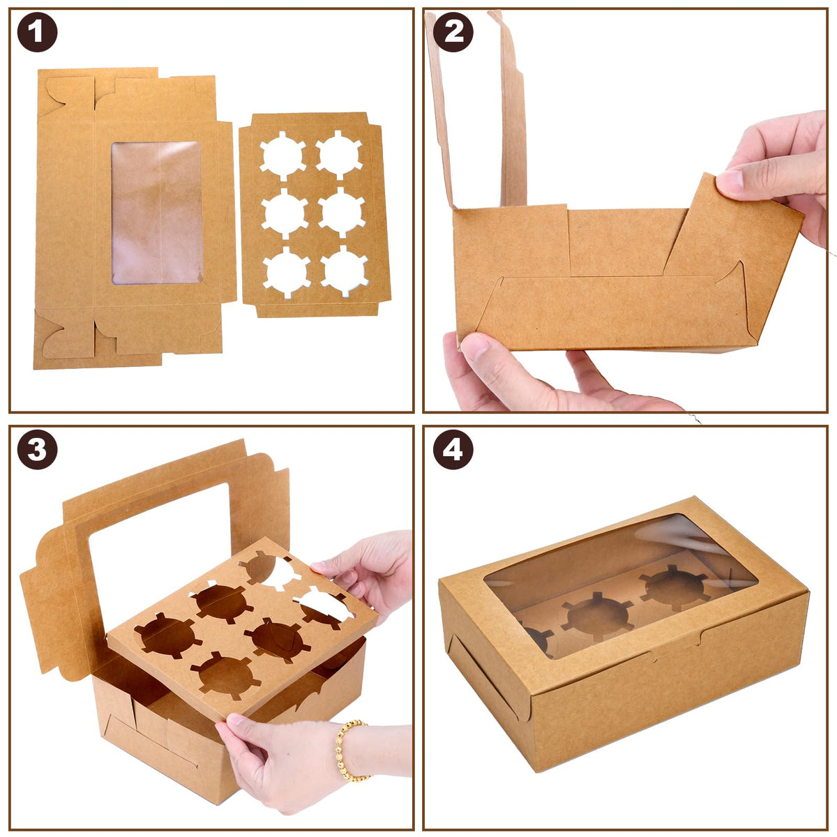 Jucoan box measures 9.5 by 6.25 by 3 inches for standard cupcakes.