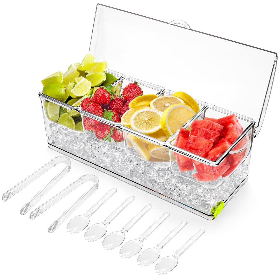 Jucoan condiments organized in a four-compartment server with lid for tidy serving