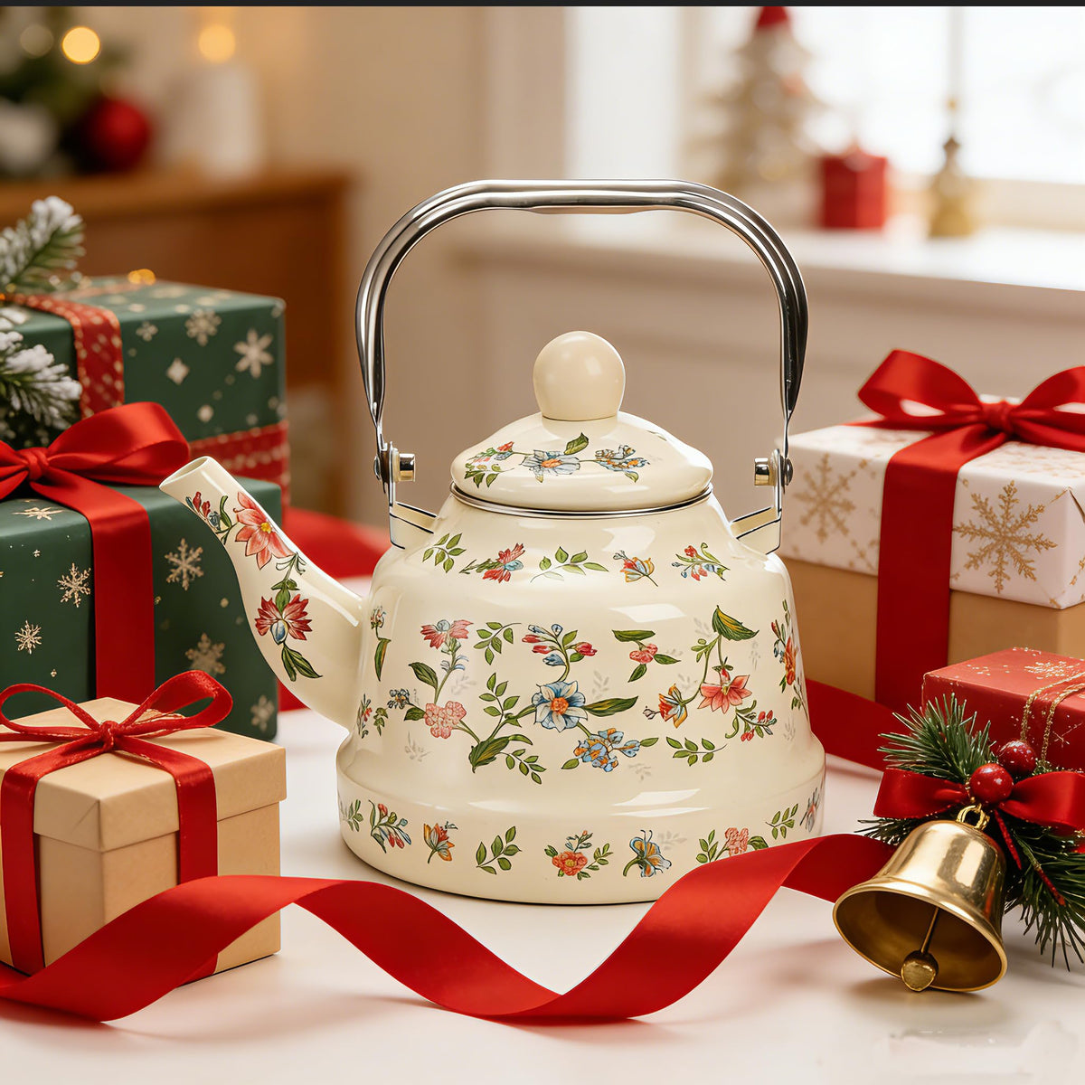 Jucoan green floral enamel teapot on a stove highlighting fast heat conduction.