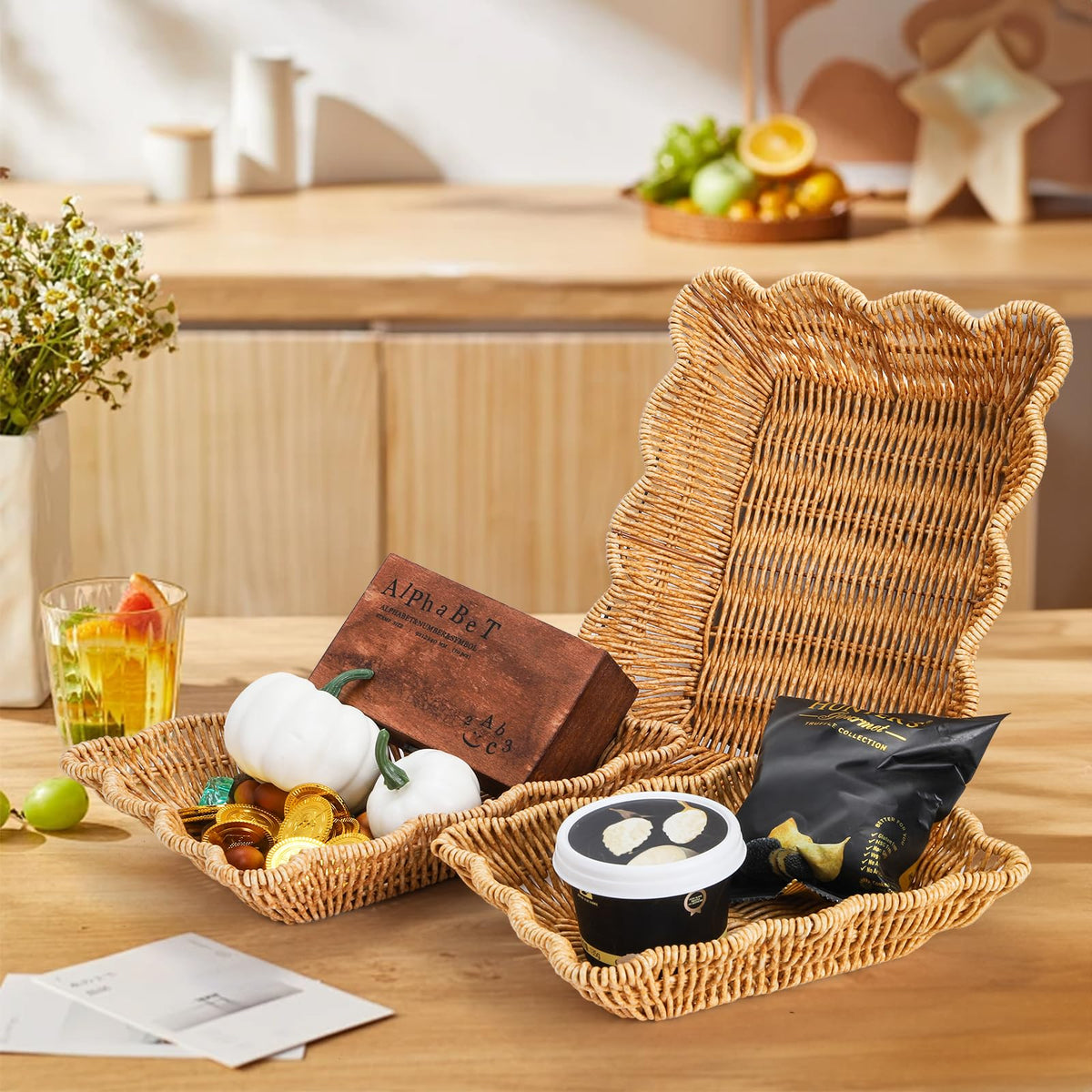 Jucoan rectangular serving basket on countertop for organization and display.
