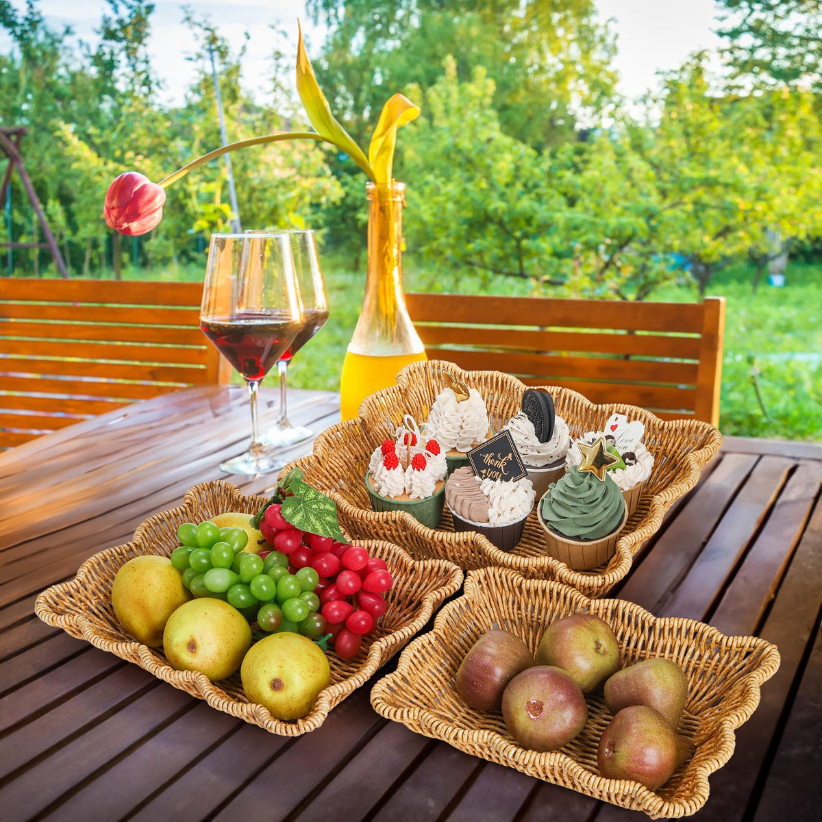 Jucoan rustic wicker basket adds charm to restaurant table display.