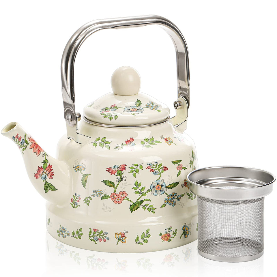 Jucoan vintage enamel tea kettle with green floral pattern for stylish kitchen display.
