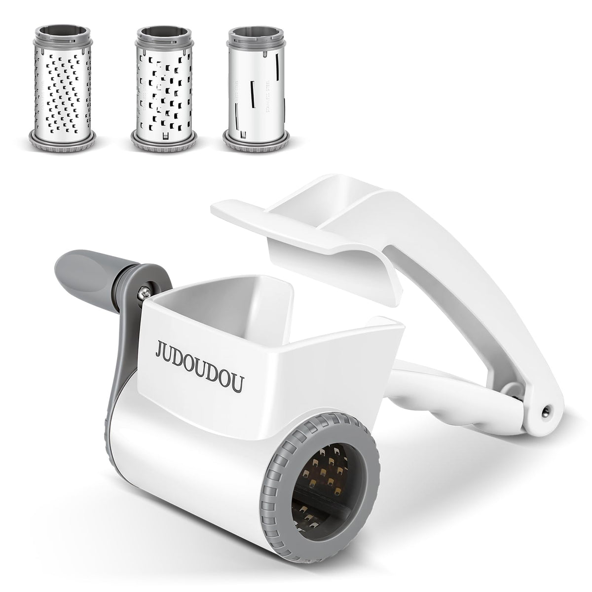 JUDOUDOU cheese grater hand crank front view highlighting ergonomic design for effortless use.