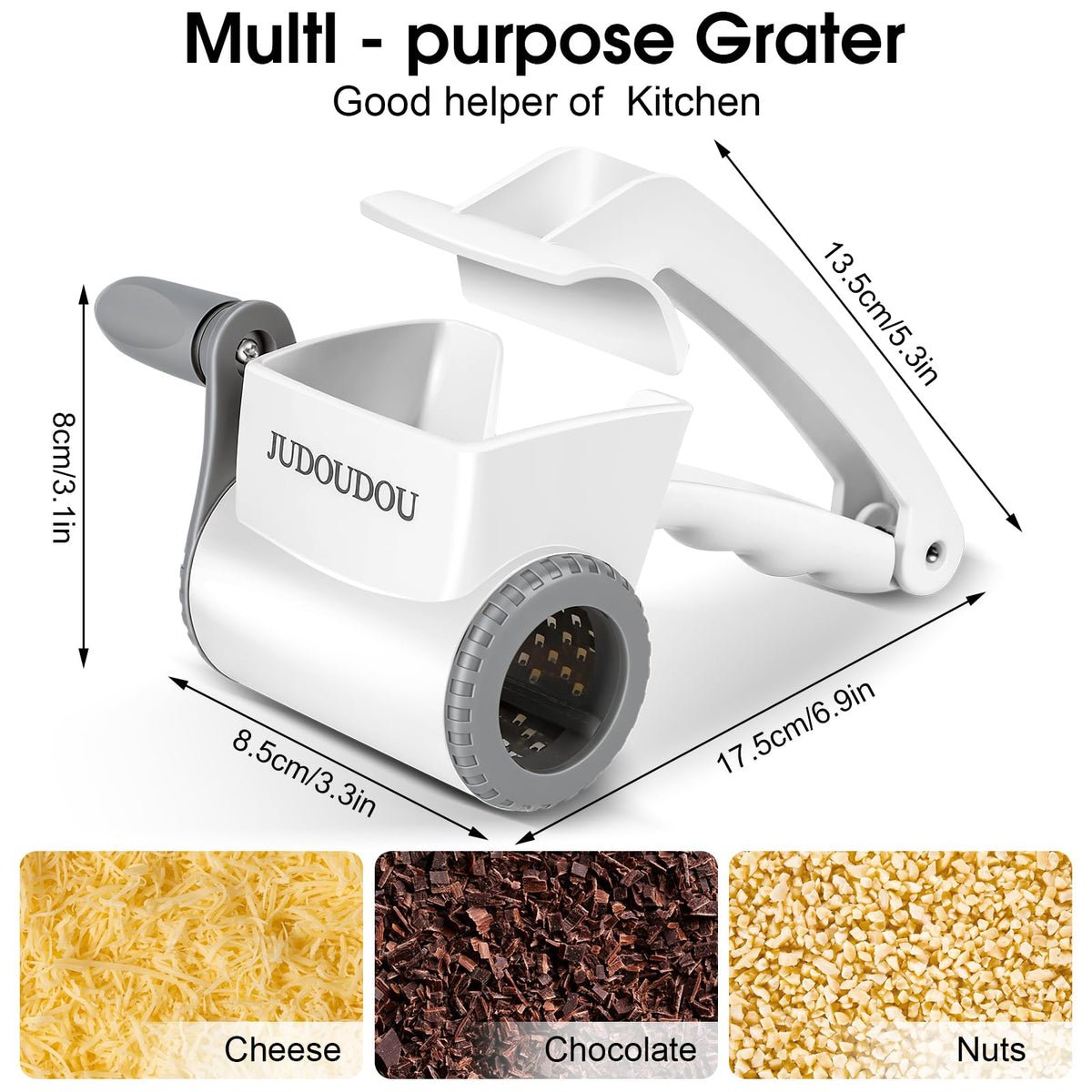 JUDOUDOU cheese grater handle close-up showing comfortable grip for both hands.