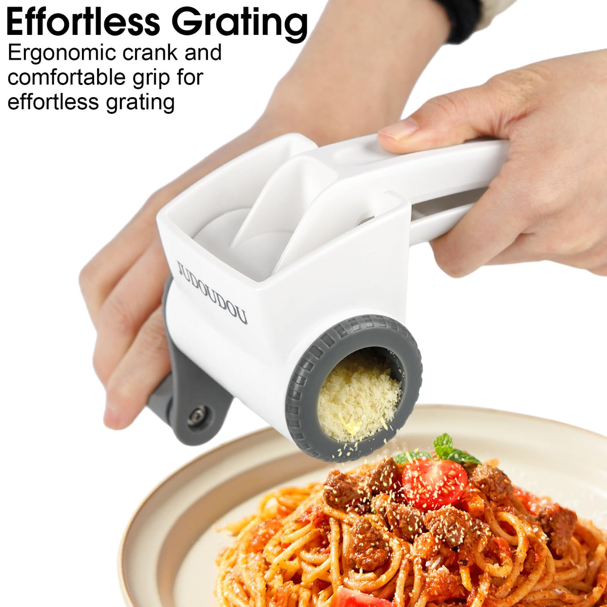 JUDOUDOU cheese grater with interchangeable drums demonstrating versatile shredding options.