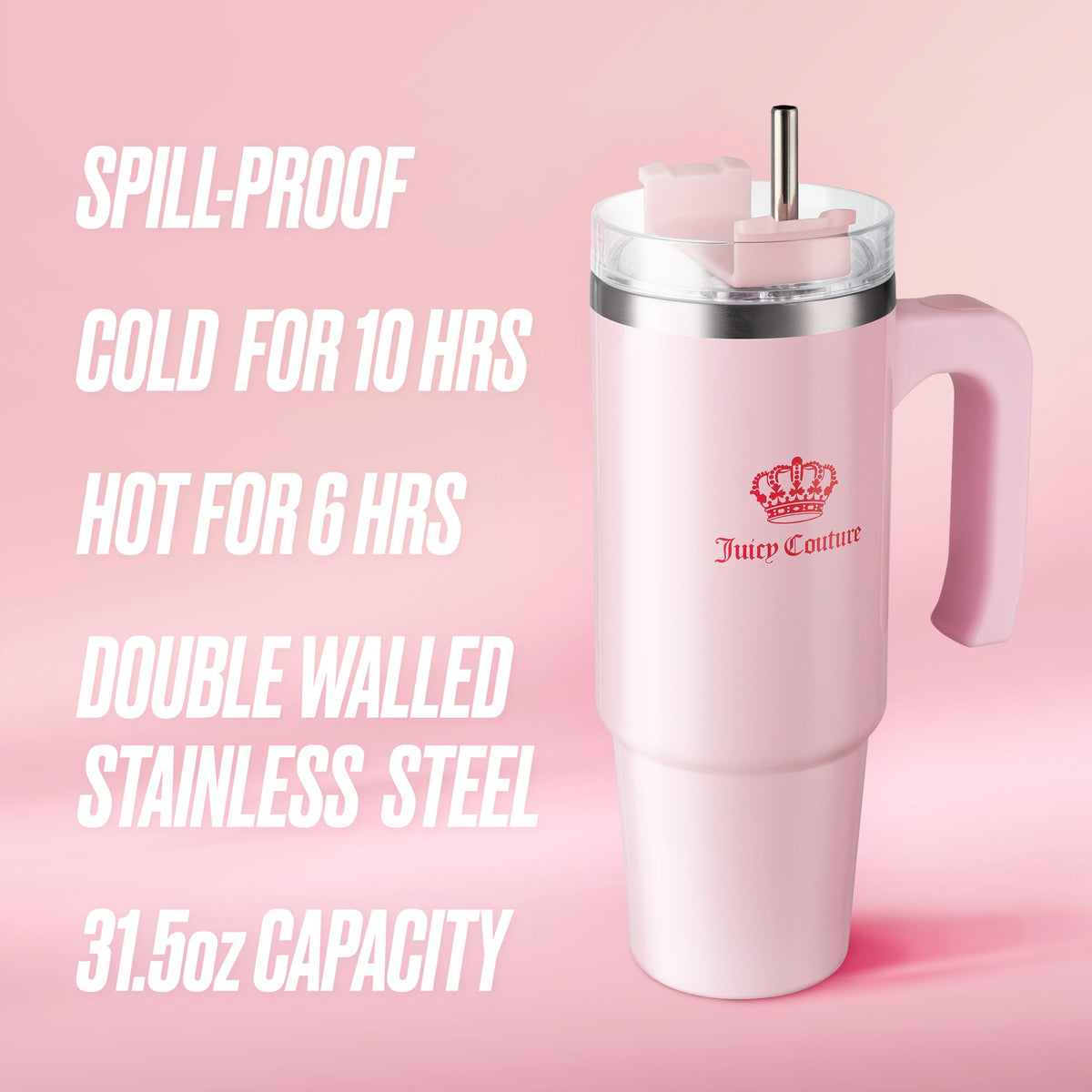 Juicy Couture Travel Style bottle dual-function lid enables easy hot or cold beverage switch.