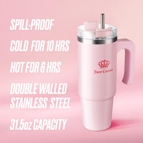 Juicy Couture Travel Style bottle dual-function lid enables easy hot or cold beverage switch.