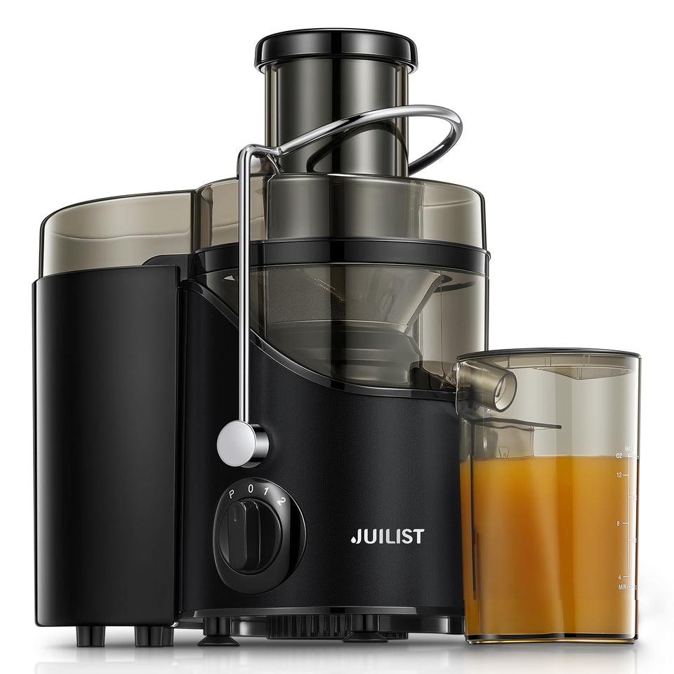 Juilist juicer with wide-mouth feed chute for quick whole-fruit prep.