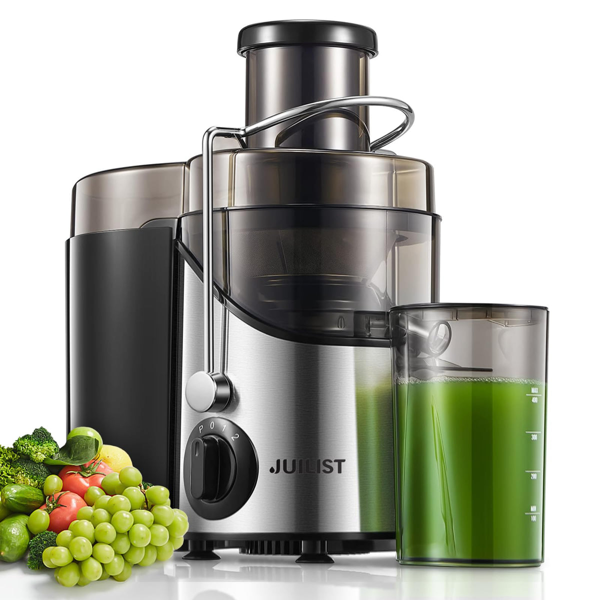 Juilist juicer wide-mouth 3-inch feed enables effortless loading of whole produce for faster juicing.