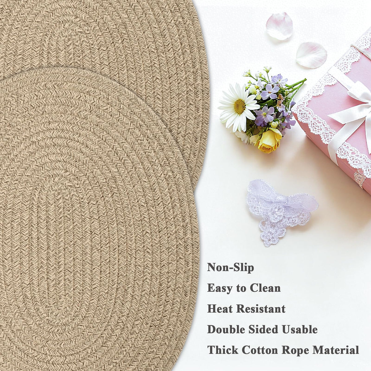Jukercici heat resistant placemats provide surface protection for hot dishes.