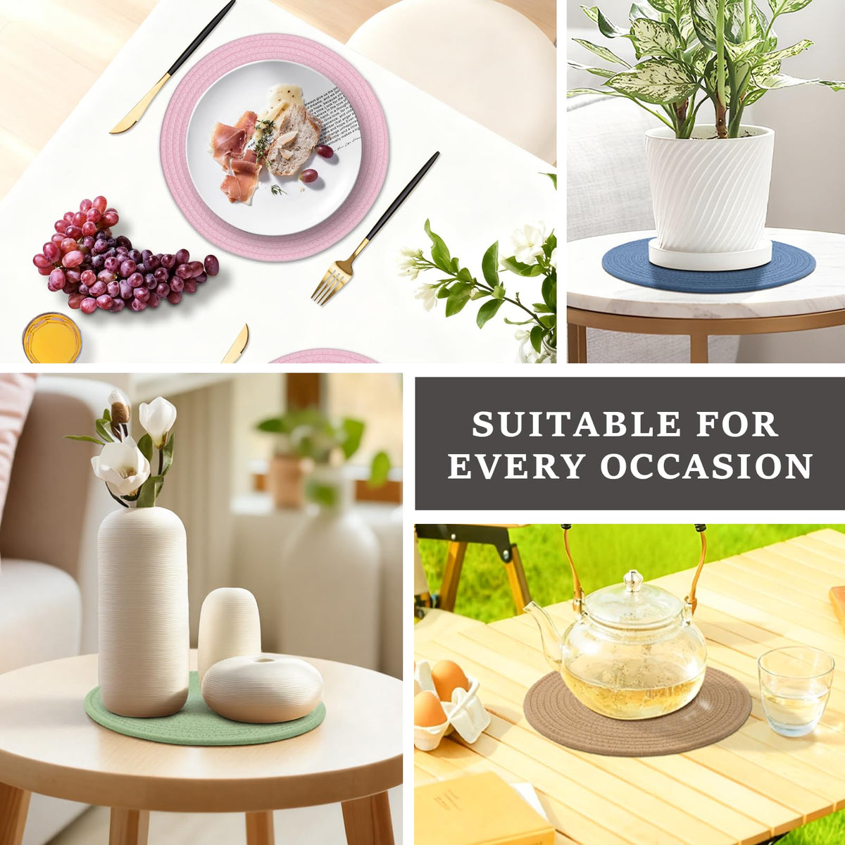 Jukercici 13-inch circle placemats create cohesive tablescape under plates and vases.