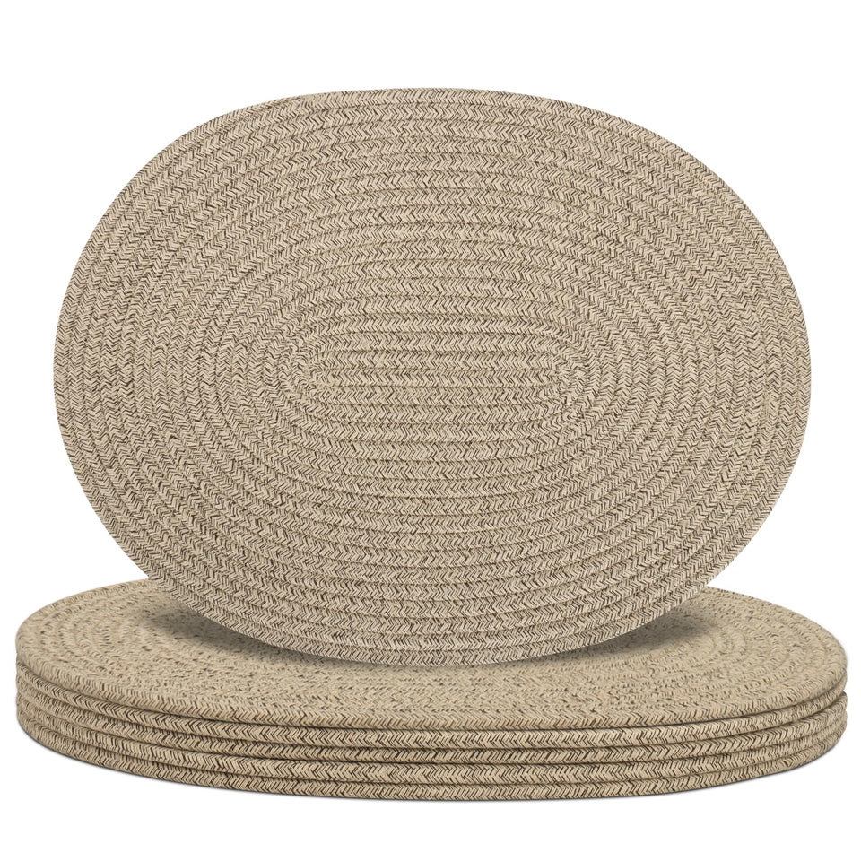 Jukercici oval woven placemats set6 in brown protect surfaces during meals.