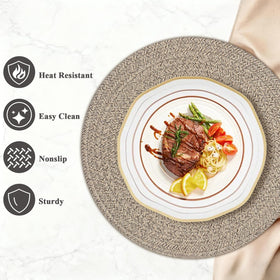 Jukercici round placemats on dining table with dinnerware for rustic farmhouse charm