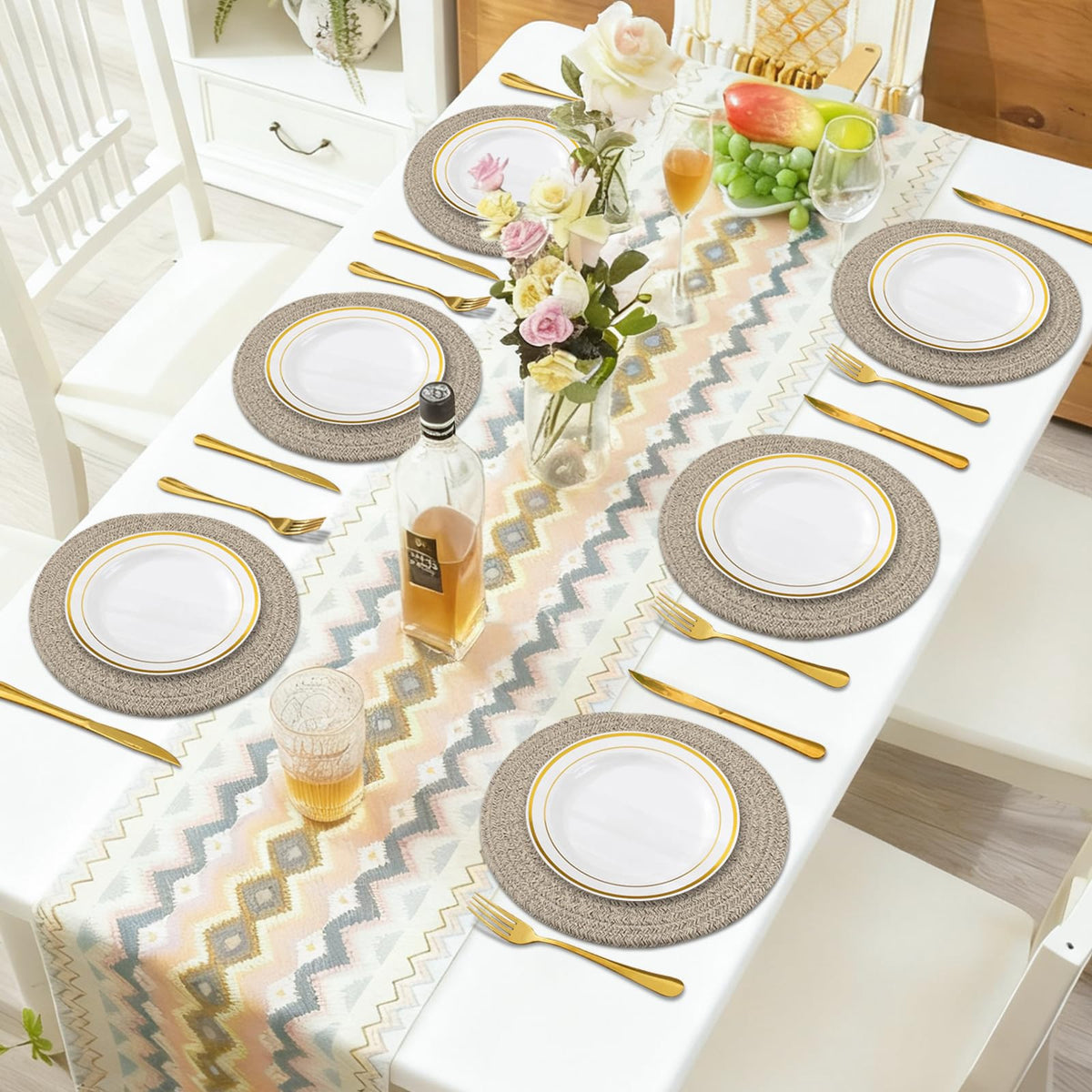 Jukercici placemats arranged for storage or countertop display in a cozy kitchen