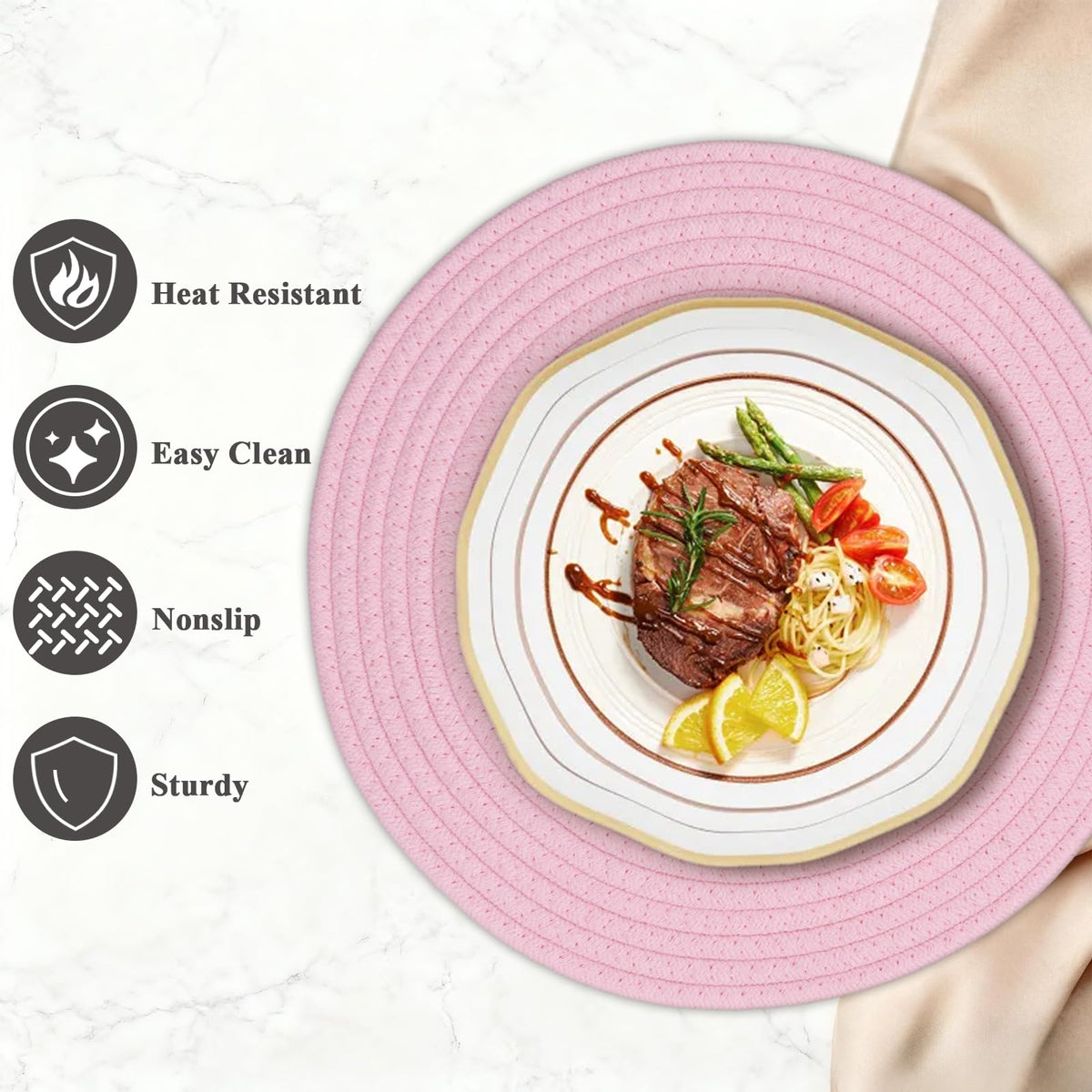 Jukercici round pink placemats close-up shows durable cotton rope weave quality.