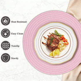 Jukercici round pink placemats close-up shows durable cotton rope weave quality.