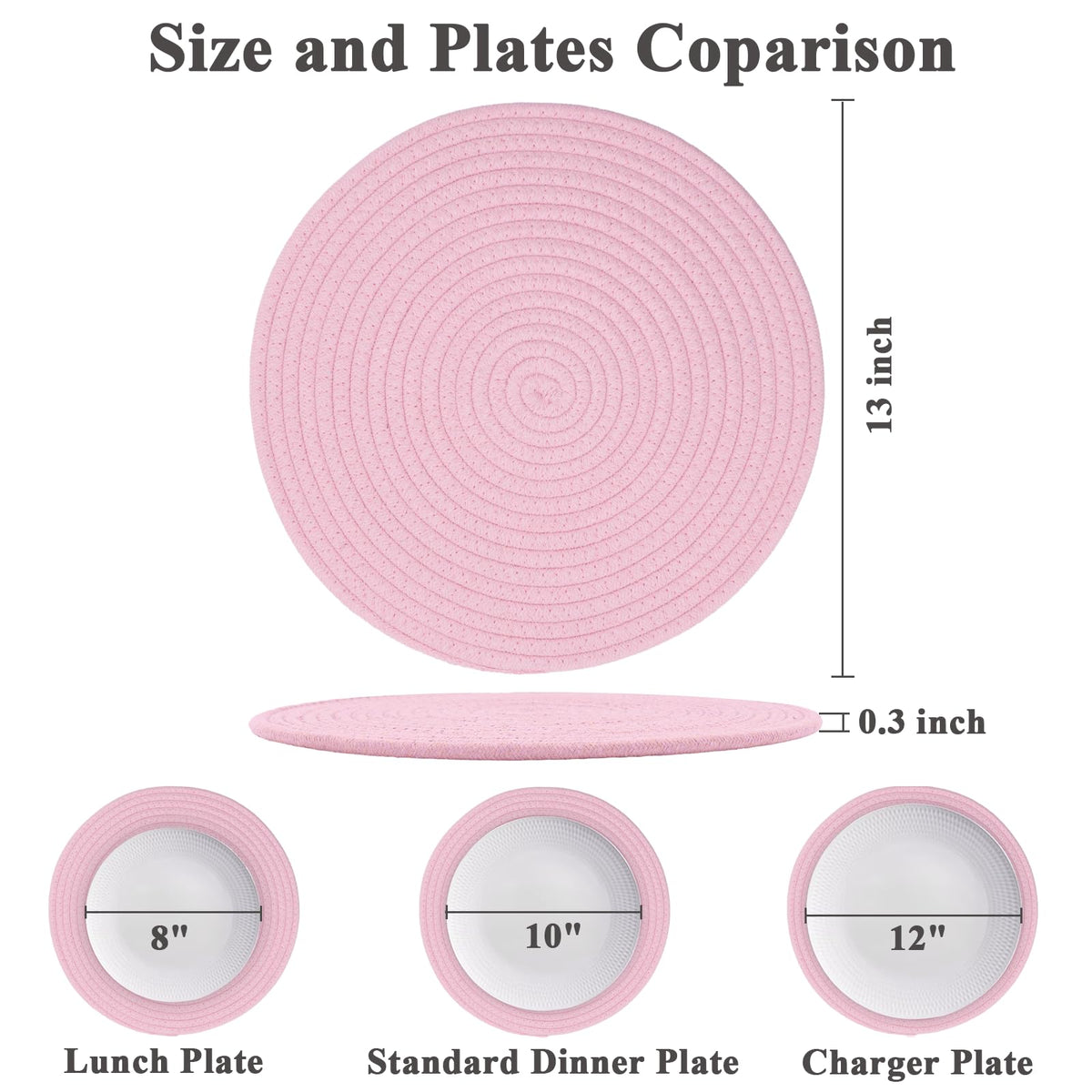 Jukercici round pink placemats in side view highlight braided weave and non-slip base.